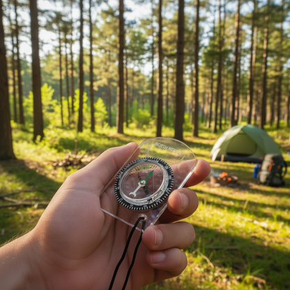 Compass in forest camping - square