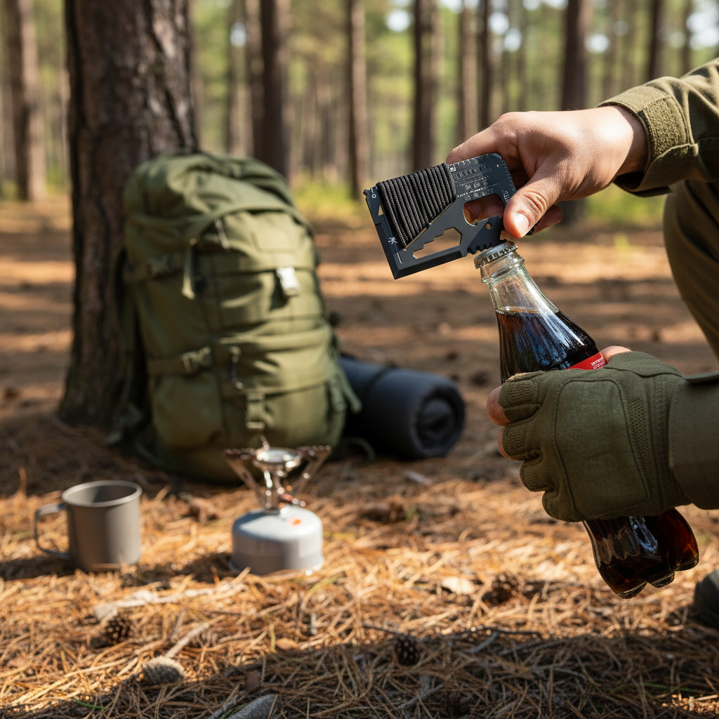 Credit card multi-tool in use at campsite