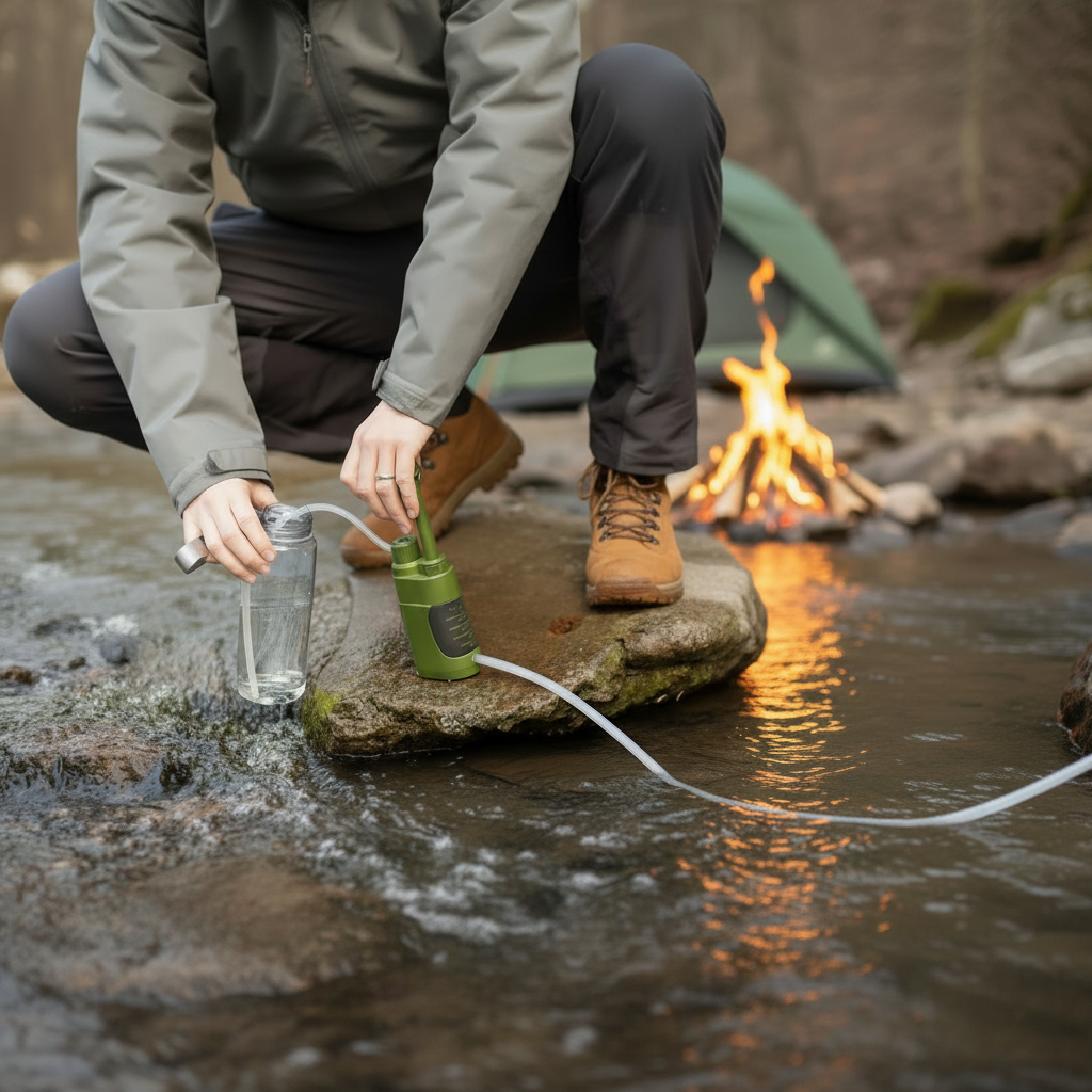Filtre à eau en action au ruisseau - carré