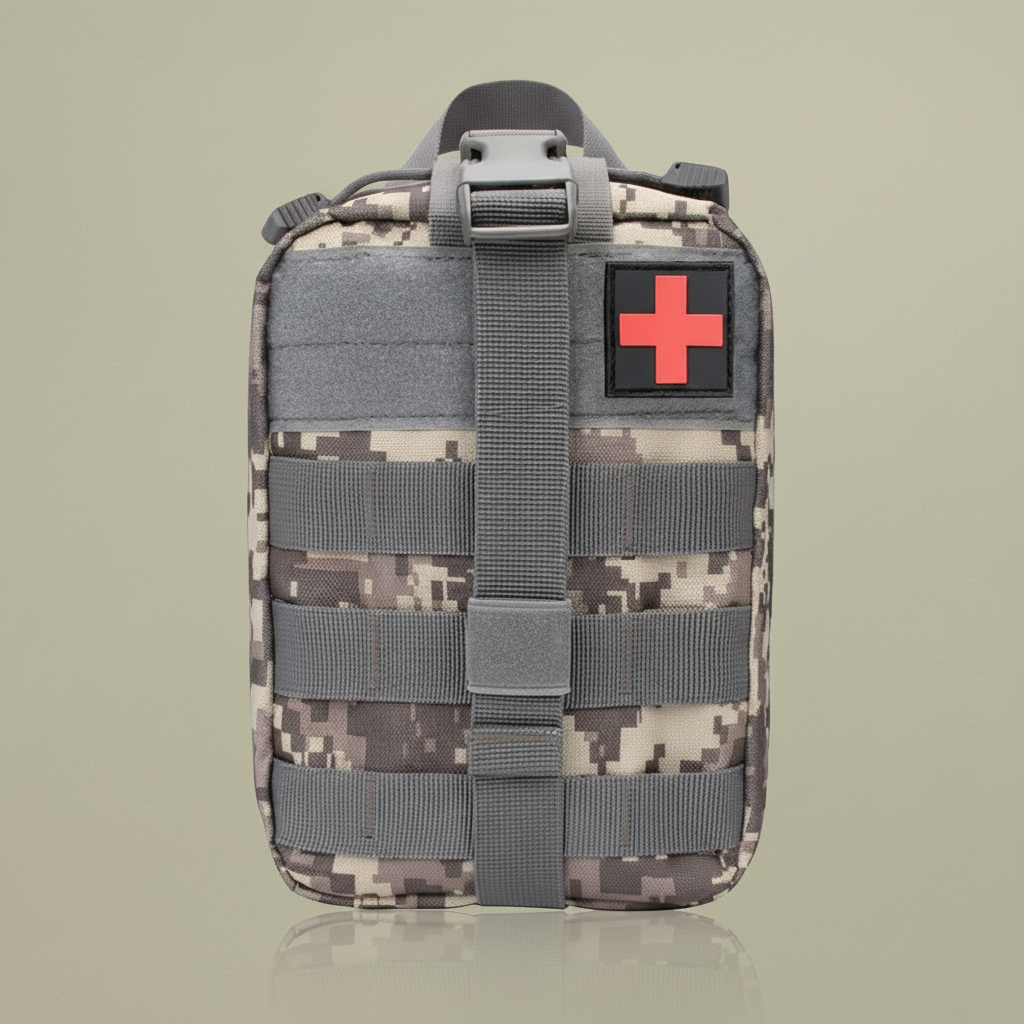 First aid kit with sandy grey beige-green background