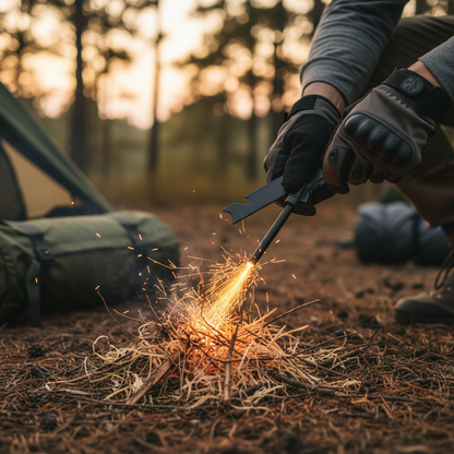 Hiker using fire starter to light campfire