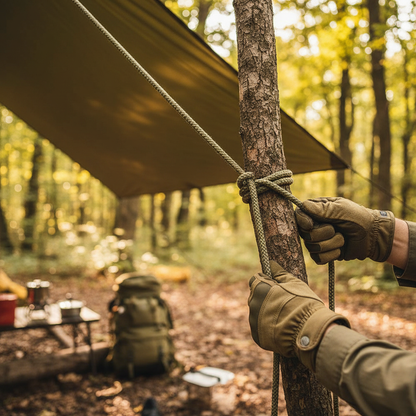 Hiker using paracord rope for camping