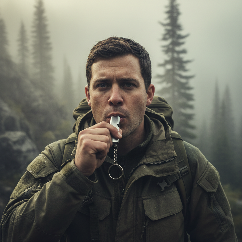 Hiker using survival whistle