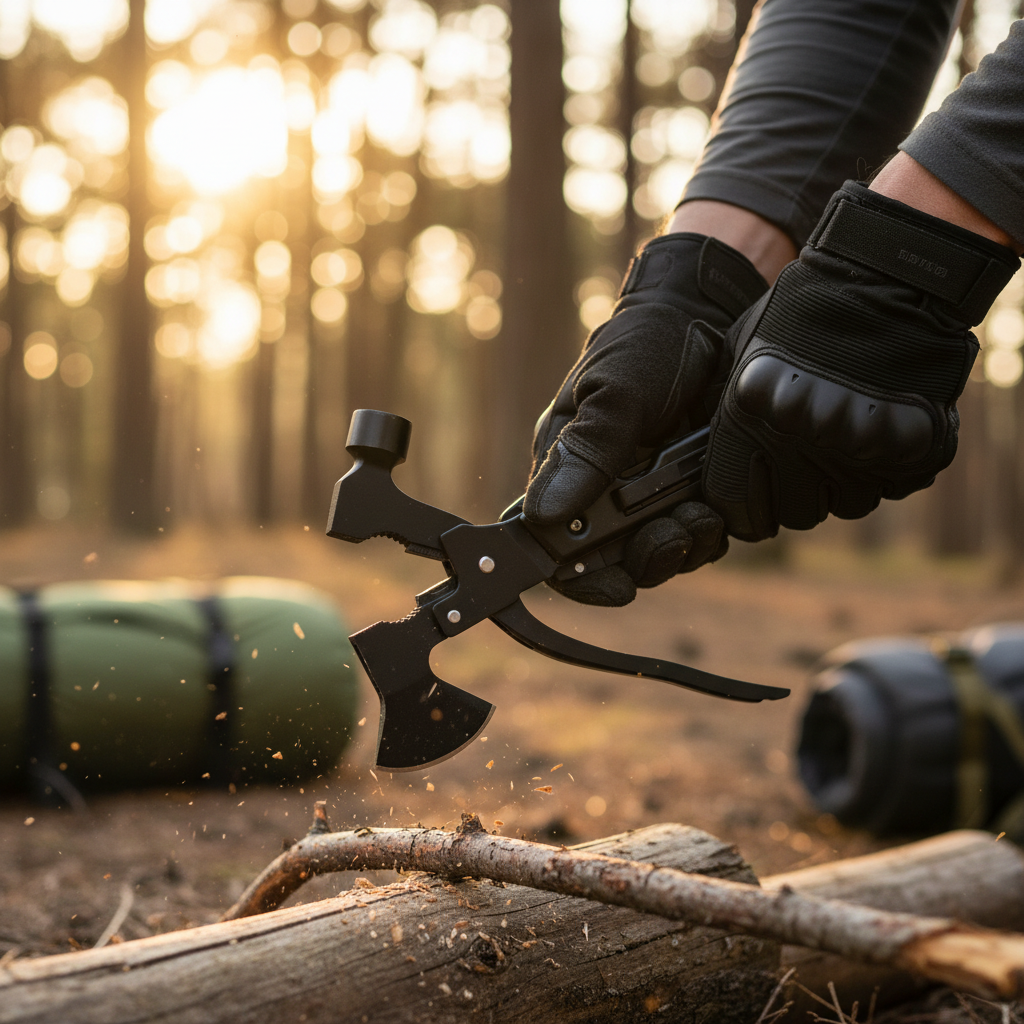 Hiker using tactical multi-tool