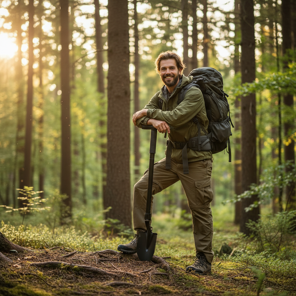 Hiker with tactical shovel - square format