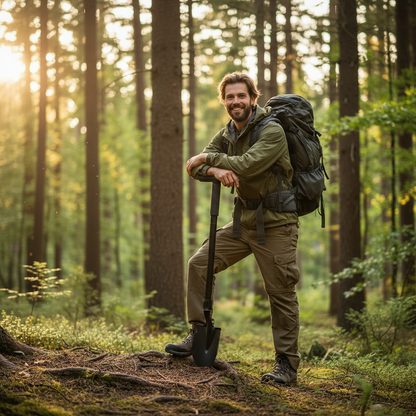 Hiker with tactical shovel - square format