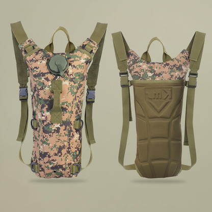 Hydration pack with matching sandy grey beige-green background