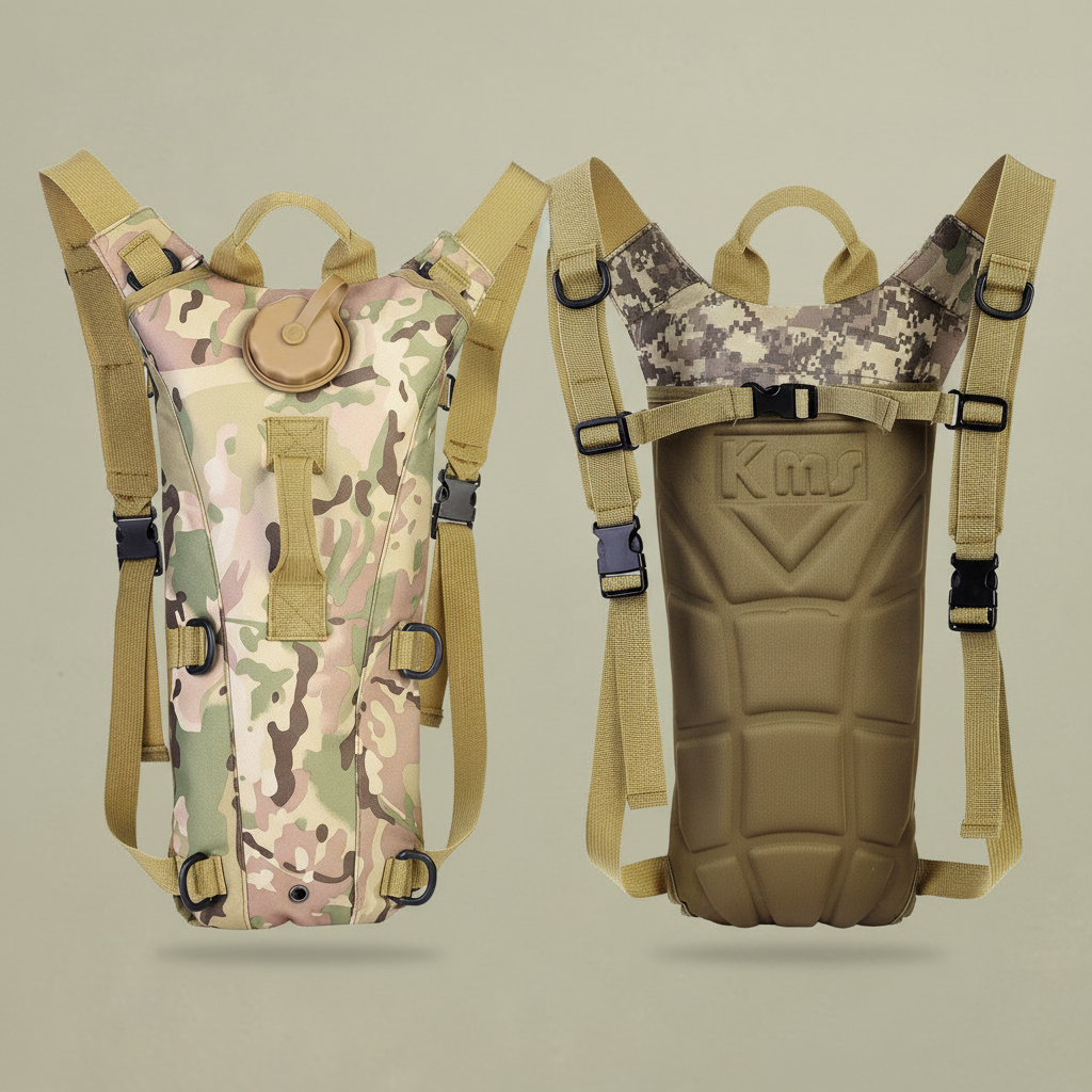Hydration pack with matching sandy grey beige-green background