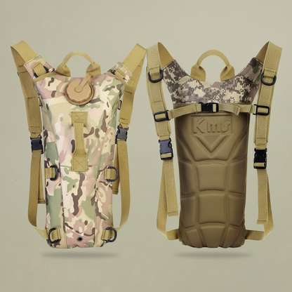 Hydration pack with matching sandy grey beige-green background