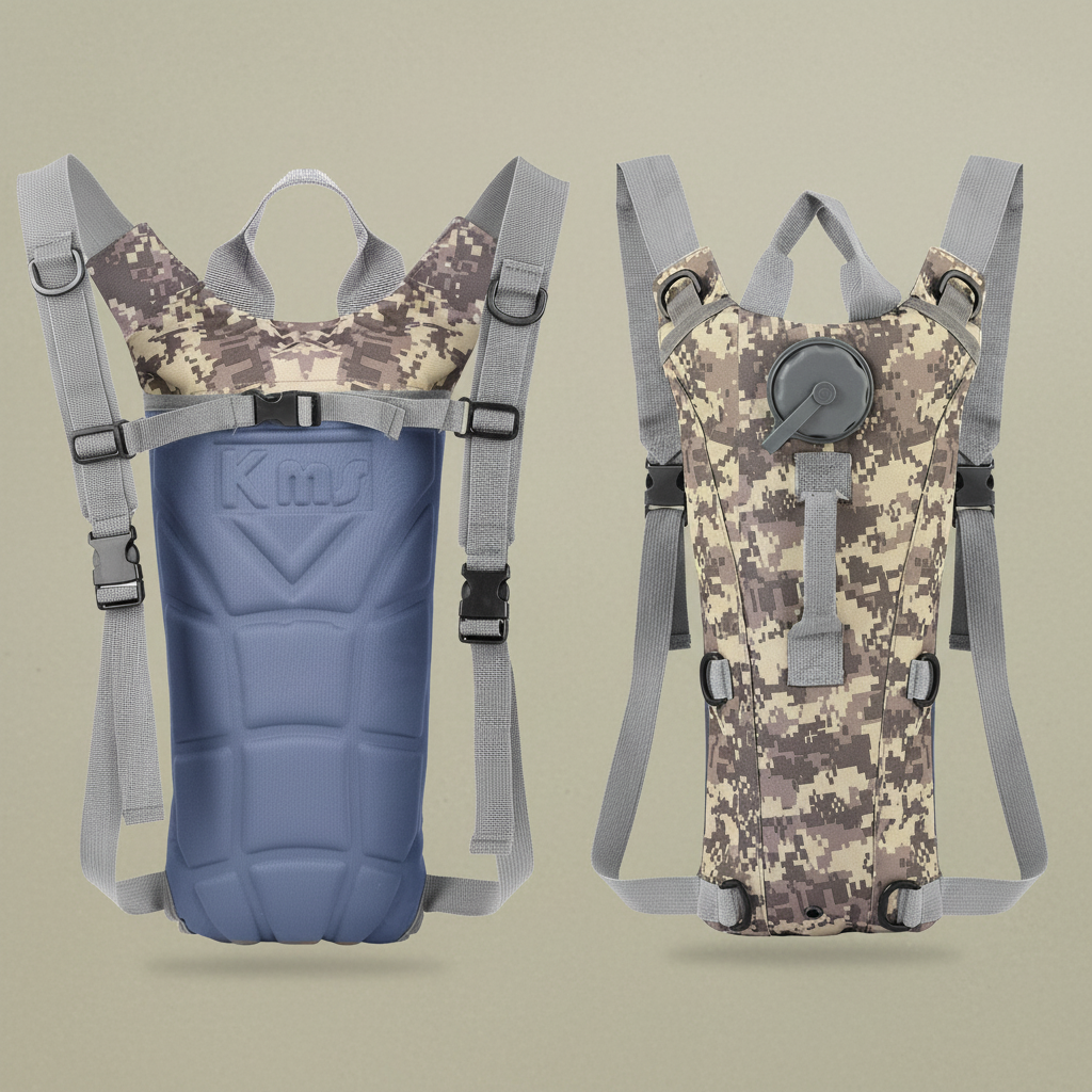 Hydration pack with sandy grey beige-green background