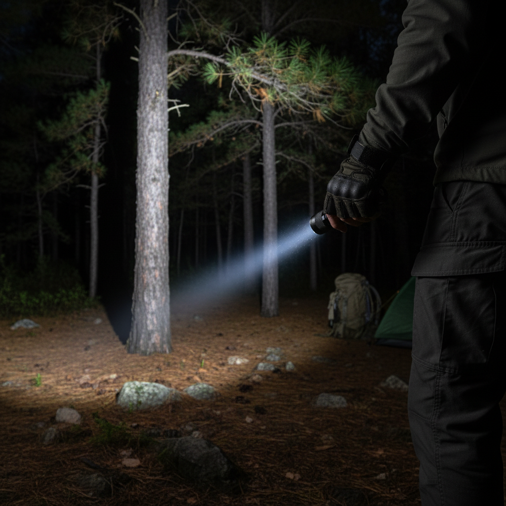 Tactical LED flashlight illuminating forest at night