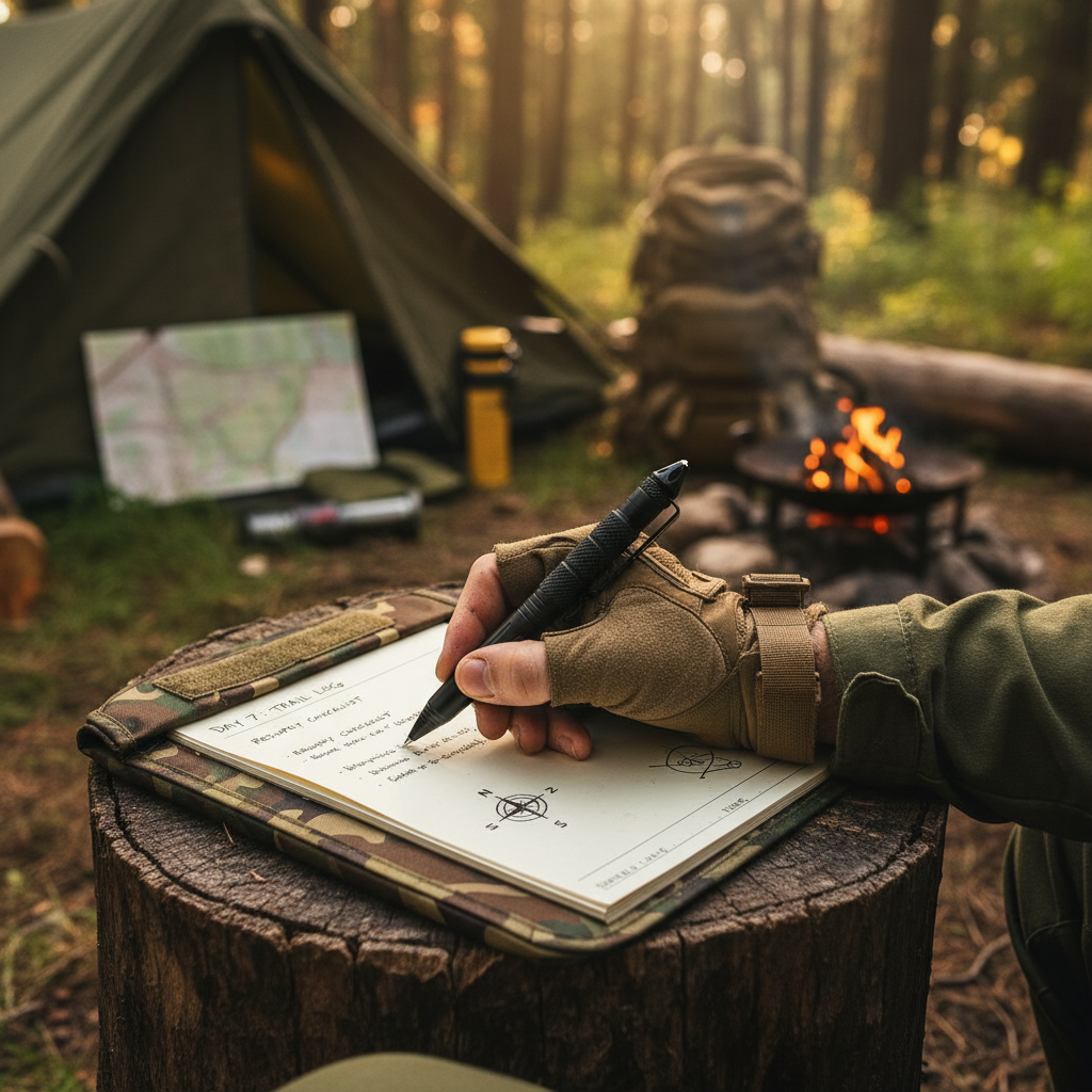 Tactical pen in use at campsite